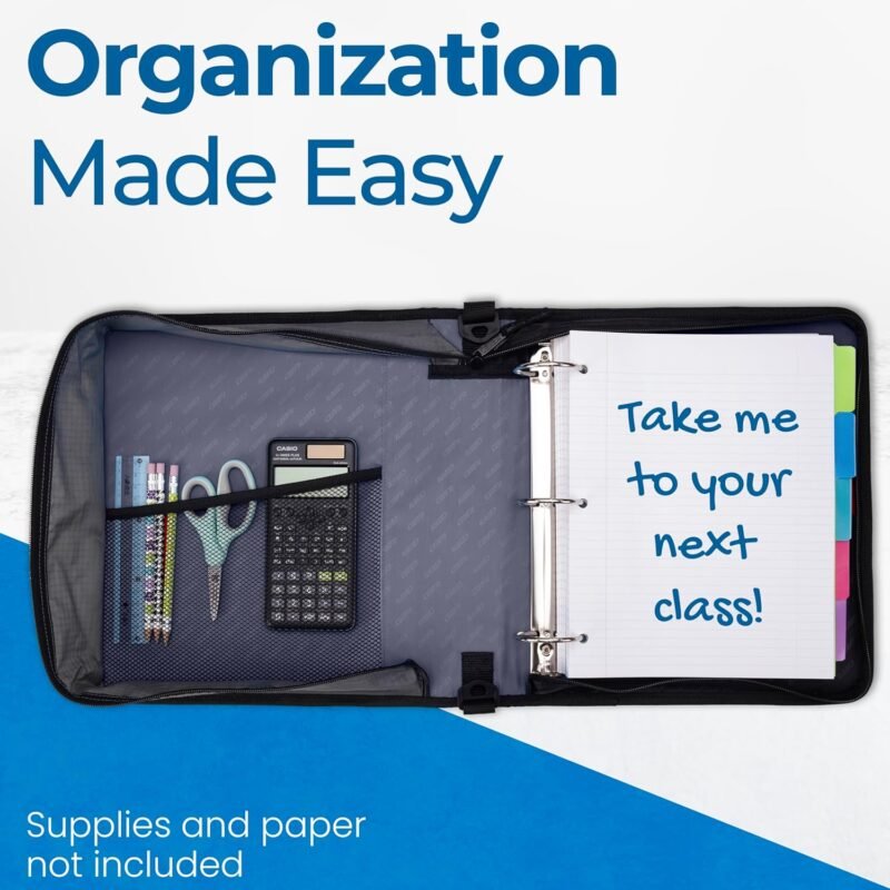 Case-it Classic Zipper Binder | 2-Inch O-Rings, 350 Sheet Capacity, Multiple Storage Pockets & Shoulder Strap | School & Office Organizer | D-251 Jet Black. - Image 7