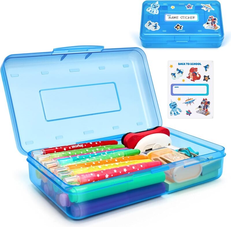 GAMENOTE Plastic Pencil Box with Personalized Sticker,Kids Large Hard Pencil Case with Snap-tight Lid,Clear Crayon Maker Organizer,Small Art Craft Storage Containers,School Supplies Box for Boys,Girls
