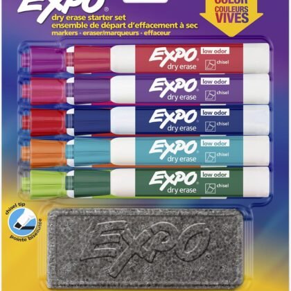 EXPO Low Odor Dry Erase Marker Starter Set with White Board Eraser, Chisel Tip Dry Erase Markers, Assorted Colors, 11-Piece Set