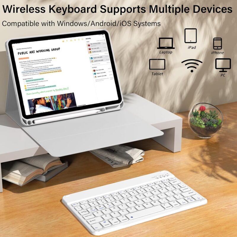kenke for iPad 11/10th Gen Case with Keyboard 11/10.9 inch 2025 A16/2022, Detachable Wireless Bluetooth Keyboard Case Thin & Light with Built-in Left Side Pencil Holder, White Square Keycaps (Gray) - Image 6