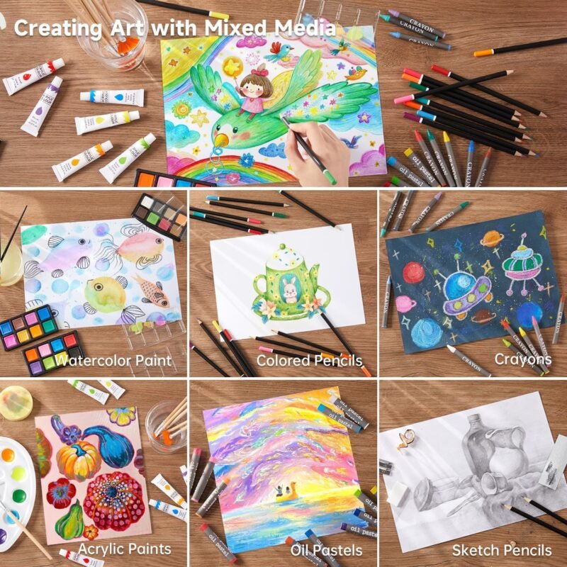 Shuttle Art Deluxe Gift Art Kit, 202-Piece Wooden Art Supplies Set with 4 Drawing Pads, Canvases, Coloring Sheets, Acrylic Paint, Crayons, Oil Pastels, Colored Pencils for Kids - Image 4