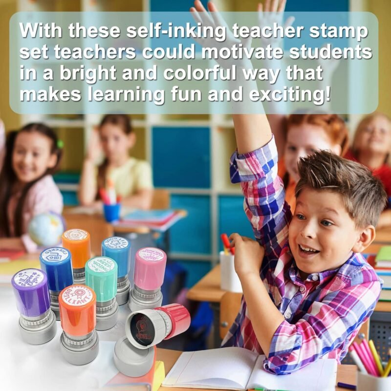 Round Teacher Stamps for Grading Classroom, Set of 8 Color Rubber Teacher Self-Inking Stamp Set for Homework Teacher Supplies - Image 5