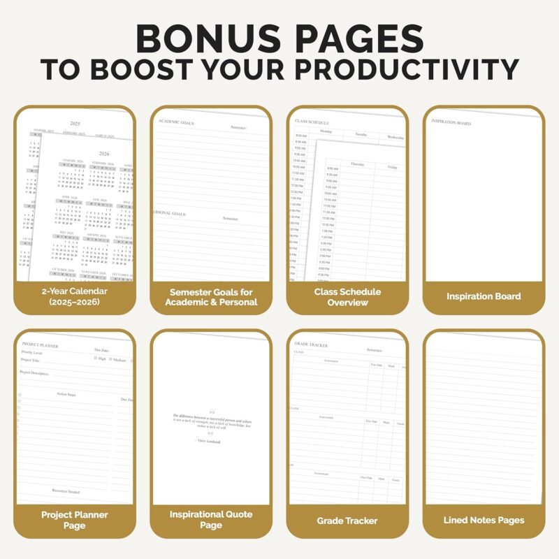 Decorably 12 Months Gold Foiled Undated Monthly and Weekly Academic Planner College with Stickers, 6x8.6in Waterproof Leatherette Hardcover Academic Planner for College Students, High School, Home - Image 6