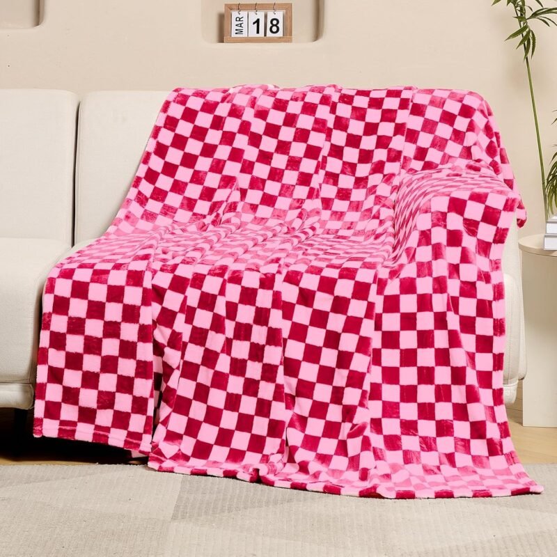 FY FIBER HOUSE Checkered Flannel Fleece Throw Blanket Soft Cozy Checkerboard Grid Print Chessboard Gingham Pattern Blankets for Bed Couch Sofa, 40"x50", Hot Pink - Image 7