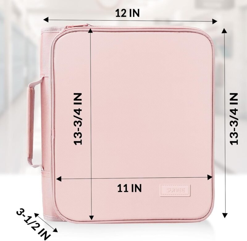 SUNEE Zippered Binder Bag with Handle, 2-Inch 3-Ring O-Ring, 500-Sheet Capacity, Includes Zip Pocket, 5-Tab Expanding File Folder, Multi-Pocket Organizer Binder for Middle School, Pink Lotus - Image 5