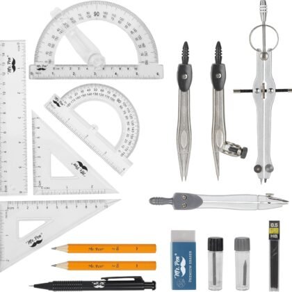Mr. Pen Geometry Set with 6 Inch Swing Arm Protractor, Divider, Set Squares, Ruler, Compasses and Protractor, 15 Piece Set