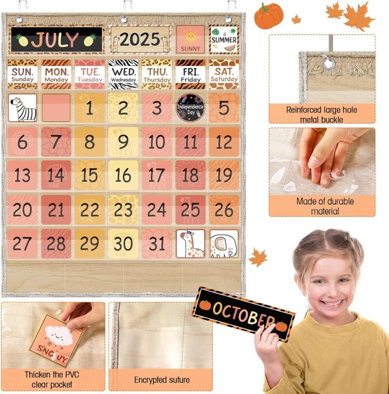 Classroom Calendar Pocket Chart Set Calendar Bulletin Board Set Seasons Festival Weather Pocket Chart for Classroom Decoration Back to School Supplies(Boho Safari) - Image 4