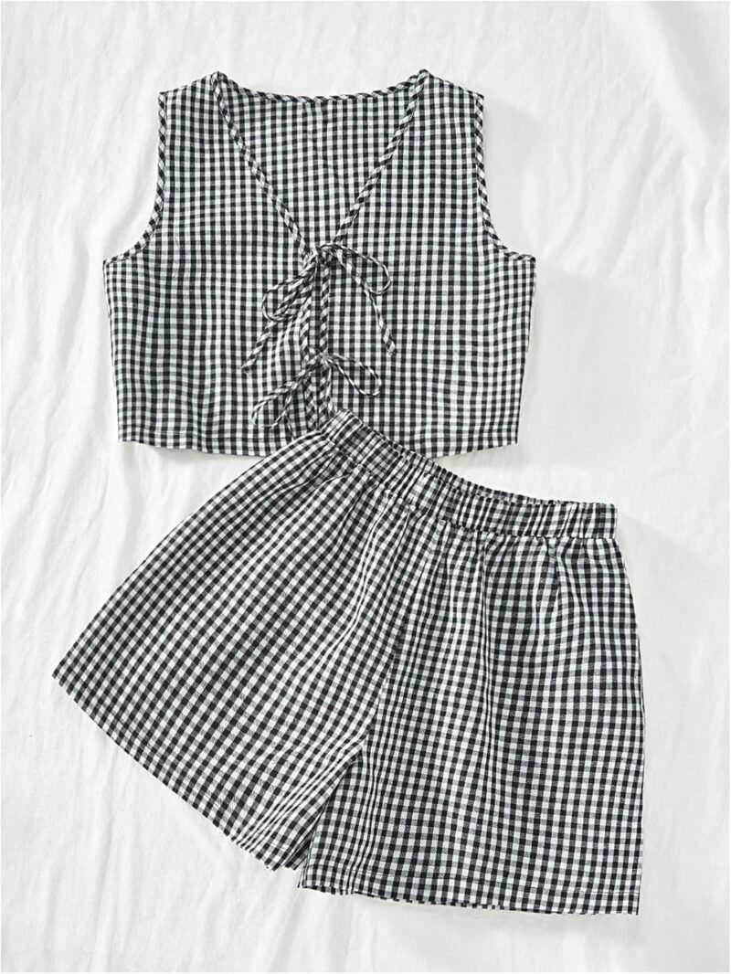 SOLY HUX Women's Summer 2 Piece Outfits Plaid Print Sleeveless Tie Front Tank Top Vest Shorts Beach Vacation Set - Image 5