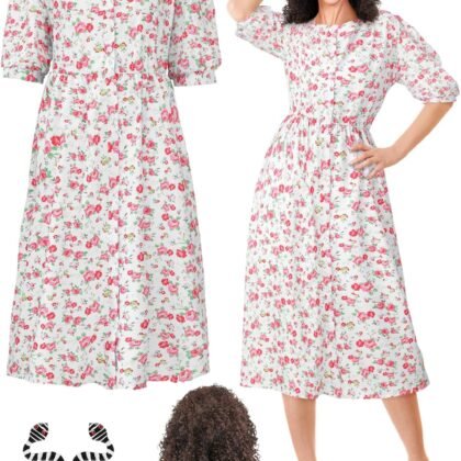 3 Pcs Halloween Pink Floral Dress Costume Movie Character Cosplay Outfit Dress Spooky Sandworm Earrings Brown Wig