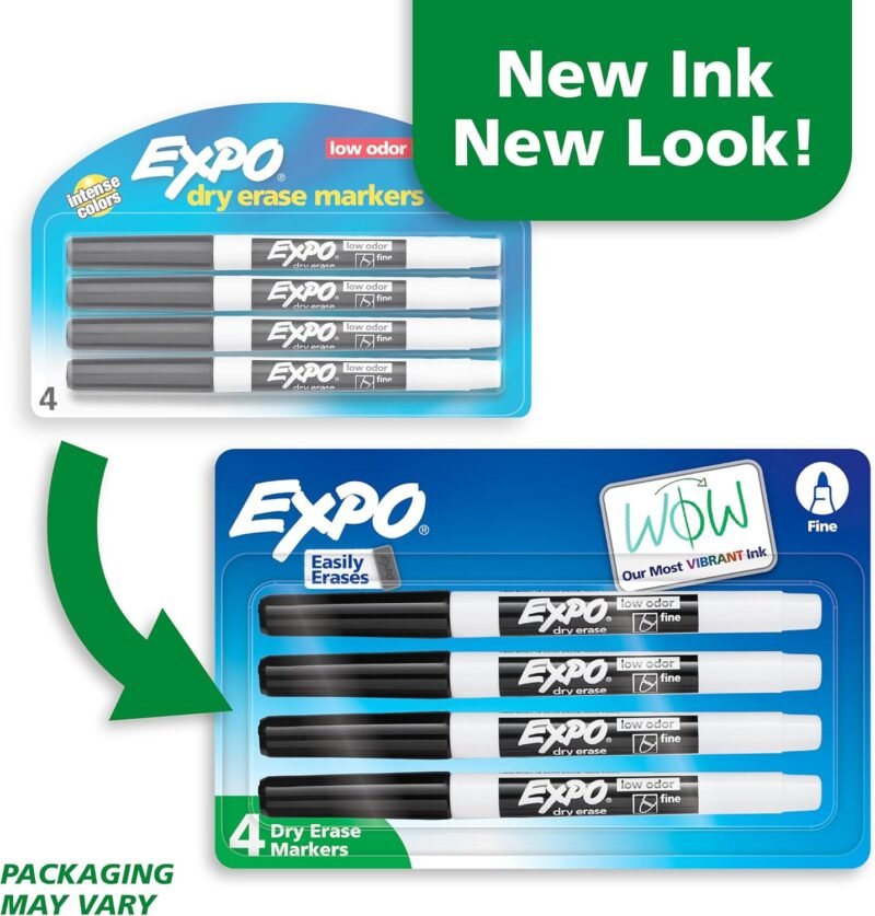 EXPO Dry Erase Markers, Low Odor Ink, Black, Fine Tip, 4 Count - Easily Erases, Vibrant Ink, Ideal for Classroom, Back to School Supplies, Teachers, Office, Whiteboard & Home - Image 2