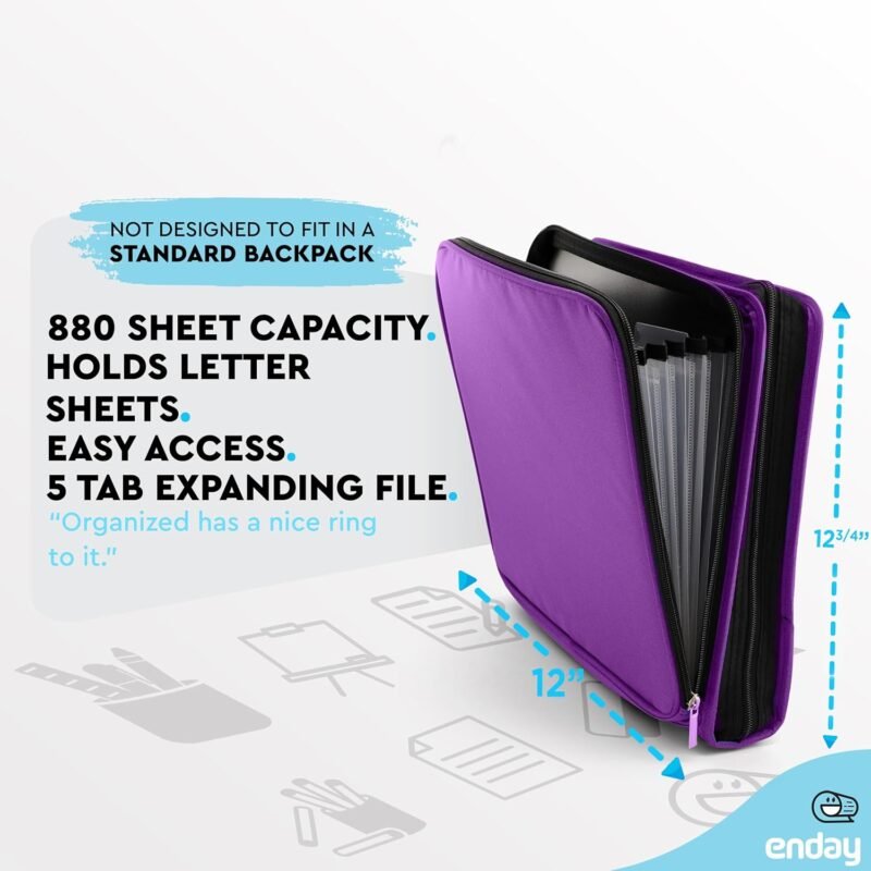 Enday 2 Inch Zipper Binder - 880 Sheet Capacity, 5 Pockets, Expanding File Folder with Durable Handle, Multiple Pockets School Binder Organizer, Purple - Image 5