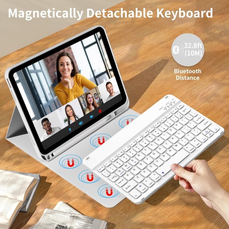 kenke for iPad 11/10th Gen Case with Keyboard 11/10.9 inch 2025 A16/2022, Detachable Wireless Bluetooth Keyboard Case Thin & Light with Built-in Left Side Pencil Holder, White Square Keycaps (Gray) - Image 3