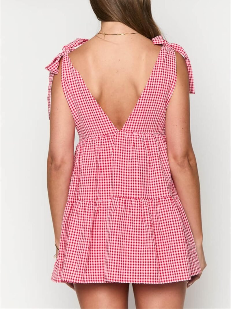Women Y2k Plaid Short Dress Sleeveless Tie Shoulder Backless Flowy Babydoll Gingham Mini Dress Casual Cute Streetwear - Image 6