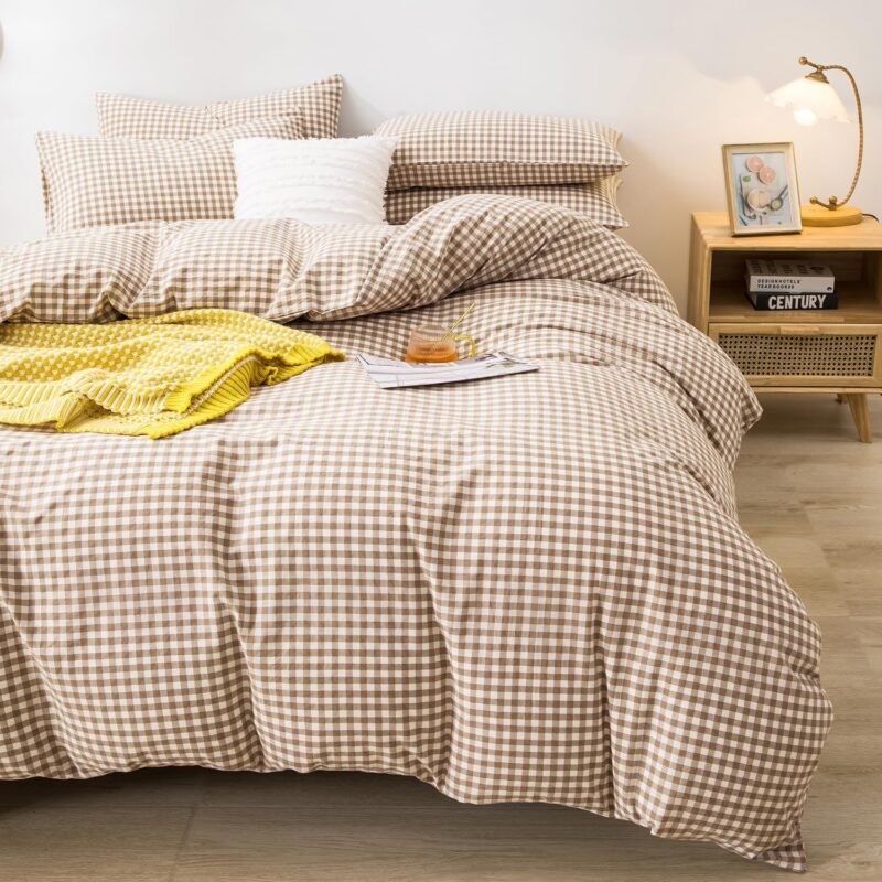 mixinni Tan Gingham Comforter Set Full, Plaid Comforter Set 3 Pieces 1 Beige Grid Comfoter with 2 Pillow Cases for All Seasons, Soft Fluffy Modern Grid Pattern Printed Bedding-Full Size - Image 5
