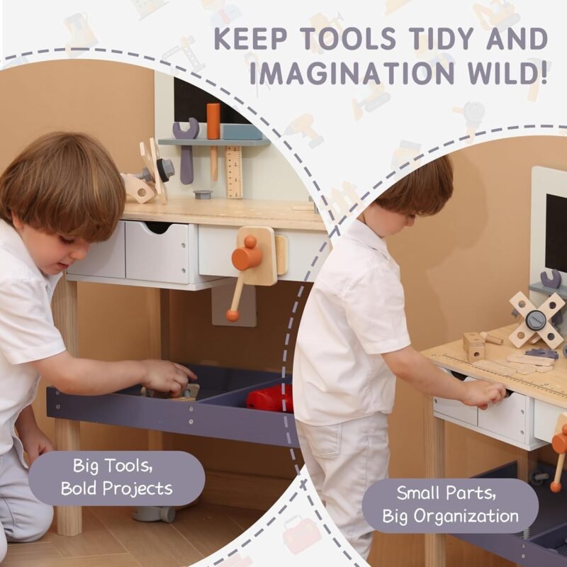Wooden Kids Tool Bench with Electric Drill, Toddler Tool Bench with Storage Drawers and Platform, Toy Workbench Workshop with Play Tools Set for Boys and Girls, Perfect for Ages 3+ - Image 3