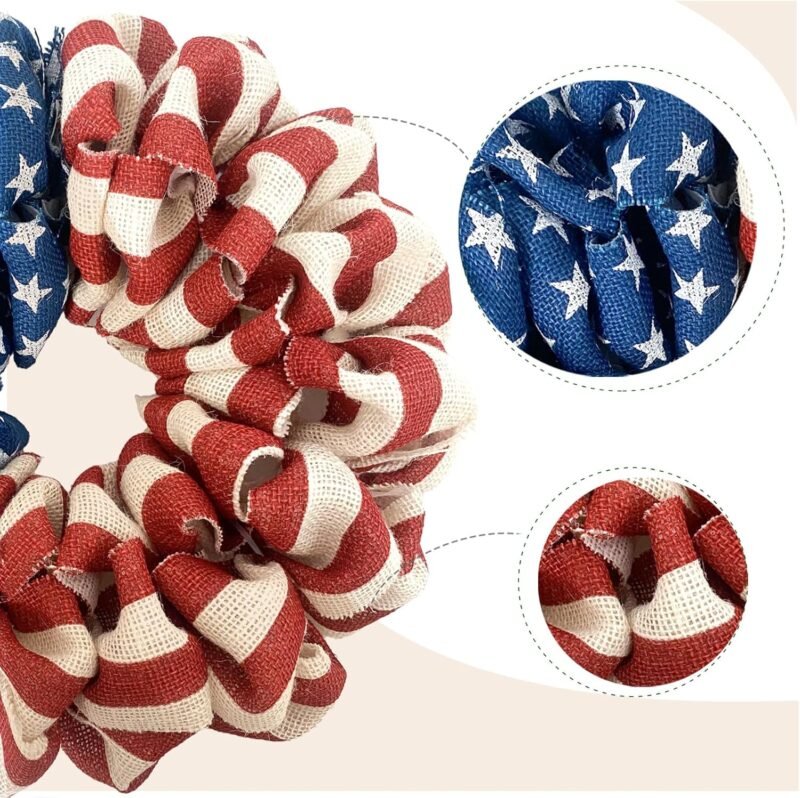 13 Inch Patriotic Burlap Wreath, 4th of July Summer Burlap Stripe and Stars Printed Wreath for The Front Door, Handcrafted Memorial Day American Flag Printed Home Decor for Indoor and Outdoor - Image 2