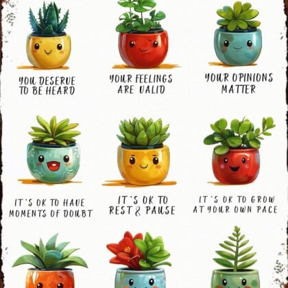 Room Retro Tin Metal Signs Cute Potted Plants Desk Decor therapy office decor office plant decor boho desk accessories aesthetic Mental Health Gentle Reminders Sign 8x12 in
