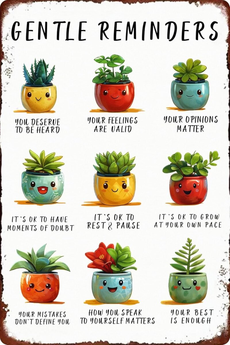 Room Retro Tin Metal Signs Cute Potted Plants Desk Decor therapy office decor office plant decor boho desk accessories aesthetic Mental Health Gentle Reminders Sign 8x12 in