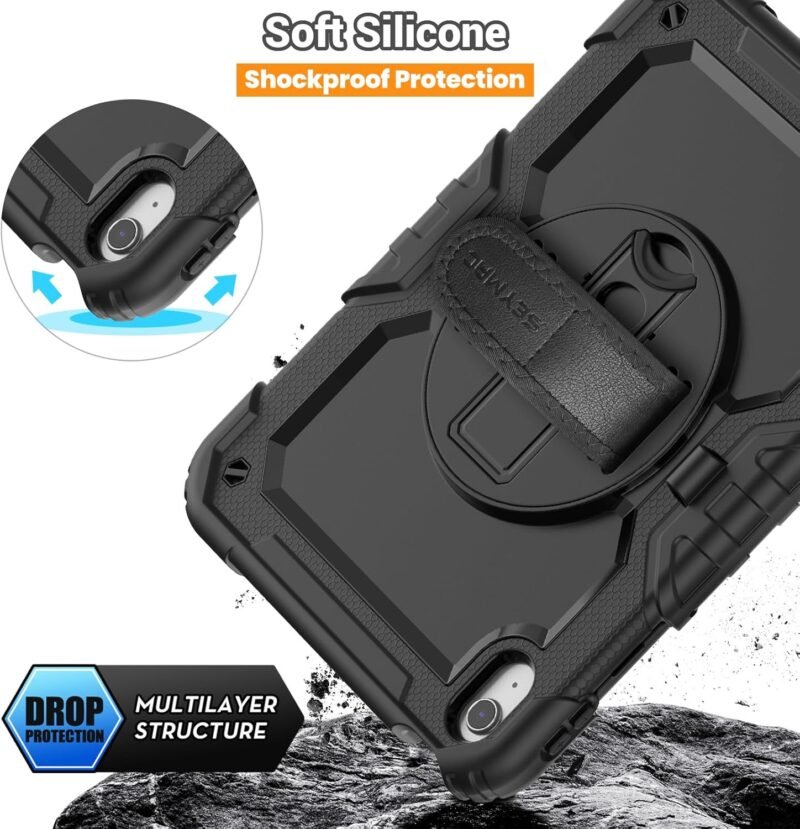 SEYMAC for iPad (A16) 11th/10th Generation Case 2025/2022 (11″/10.9″), Sturdy Heavy Duty Full-Body Shockproof Protective Case with Screen Protector, Rotating Stand, Hand/Shoulder Strap, Black - Image 7