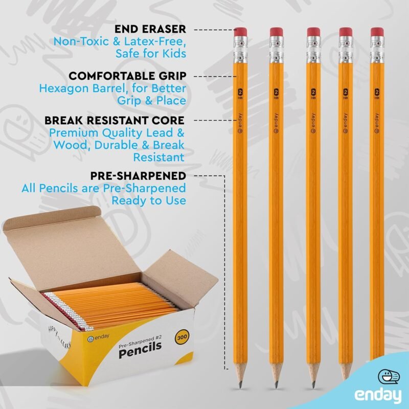 Enday #2 Pencils Bulk - 300 Pack - Pre-sharpened pencils #2 Wood-Cased Yellow Sharpened Pencils for Kids with Latex-Free Eraser Top for Office and Classroom Supplies. - Image 7