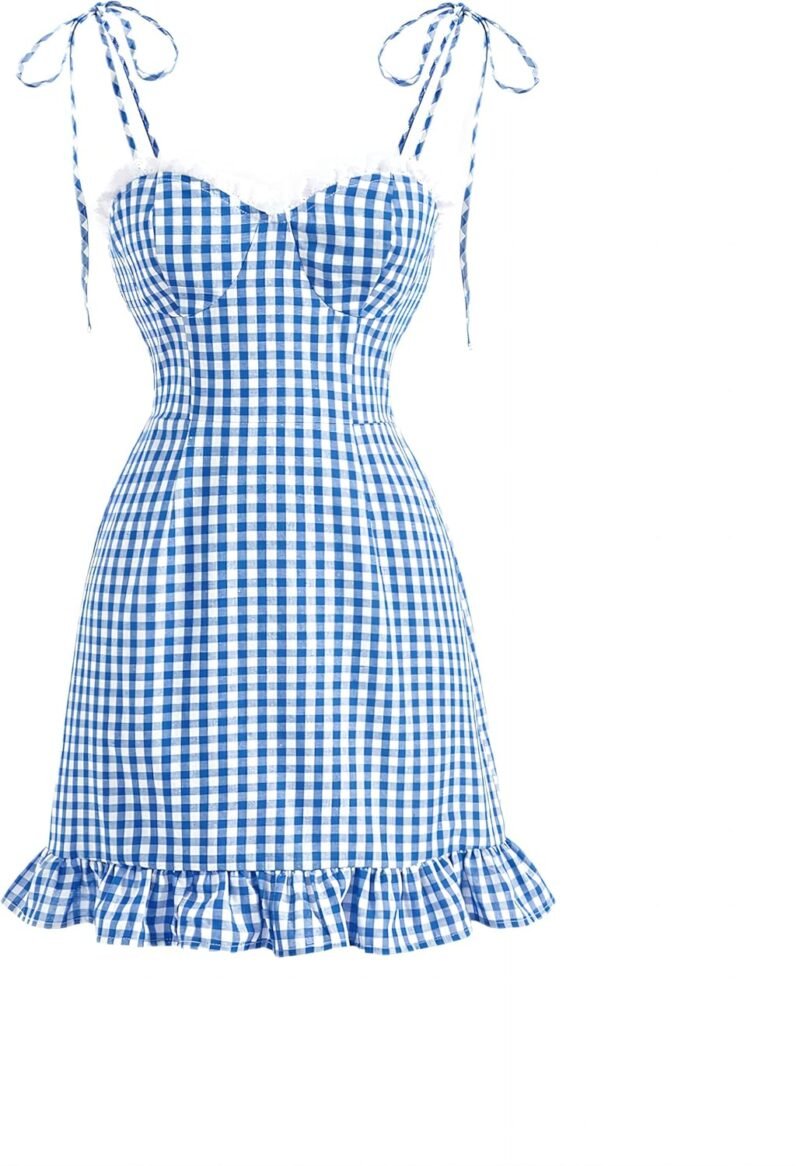 Floerns Women's Gingham Print tie Shoulder Sleeveless Ruffle Hem cami Dress