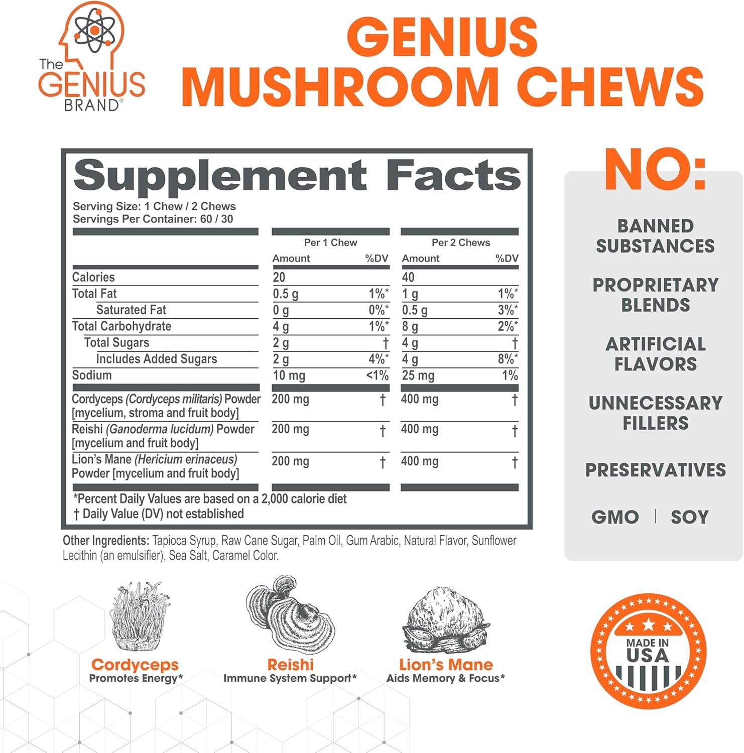 Genius Mushroom Soft Chews – Lion’s Mane, Reishi & Cordyceps for Focus, Immunity & Natural Energy – Organic Supplement for Cognitive Clarity, Stress Support & ATP Boost – Butter Toffee – 60 Chews - Image 2
