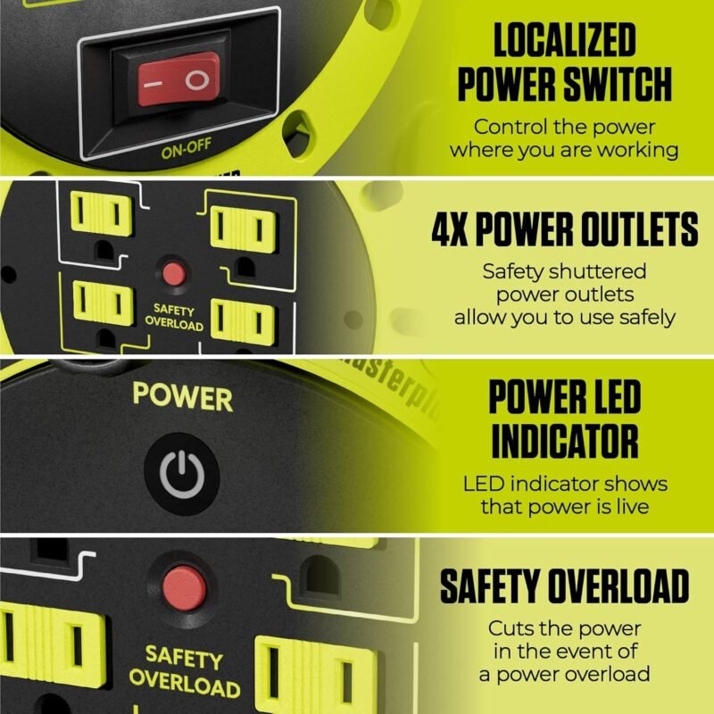 40ft Case Cord Reel, Retractable Extension Lead with Winding Handle, Safety Overload Circuit Breaker and Power Switch, 4X Grounded Outlets, 13amps, 14AWG Cable - Image 2