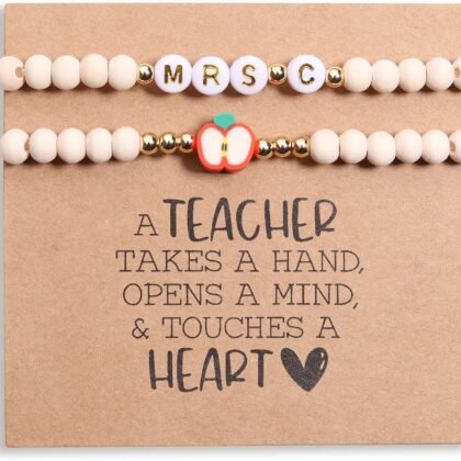 Personalized Teacher Bracelet for Women, 2 Pcs Initial Mrs Miss Ms Teacher Appreciation Gifts With Card From Student Friends, Thank You TEACH Gift for Women
