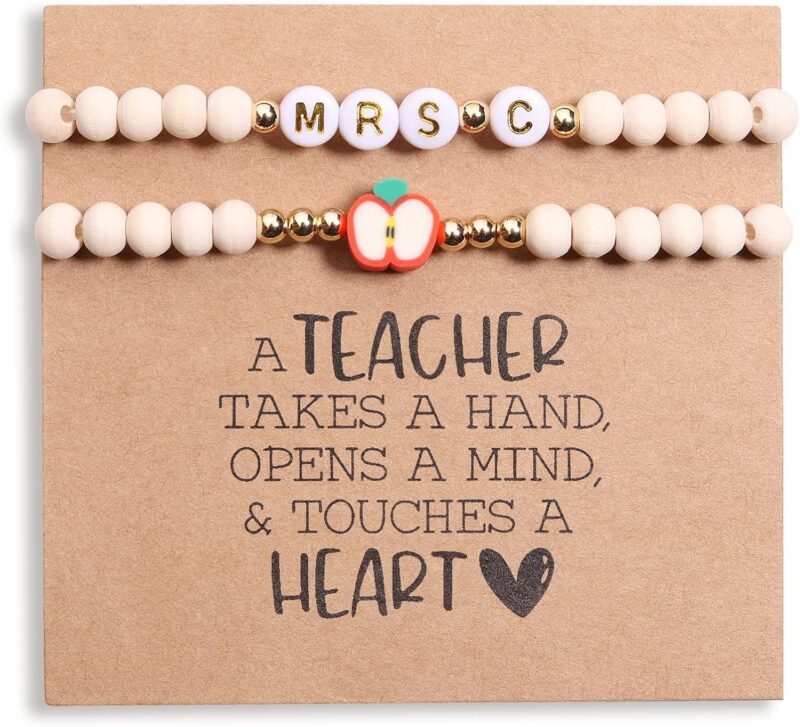 Personalized Teacher Bracelet for Women, 2 Pcs Initial Mrs Miss Ms Teacher Appreciation Gifts With Card From Student Friends, Thank You TEACH Gift for Women