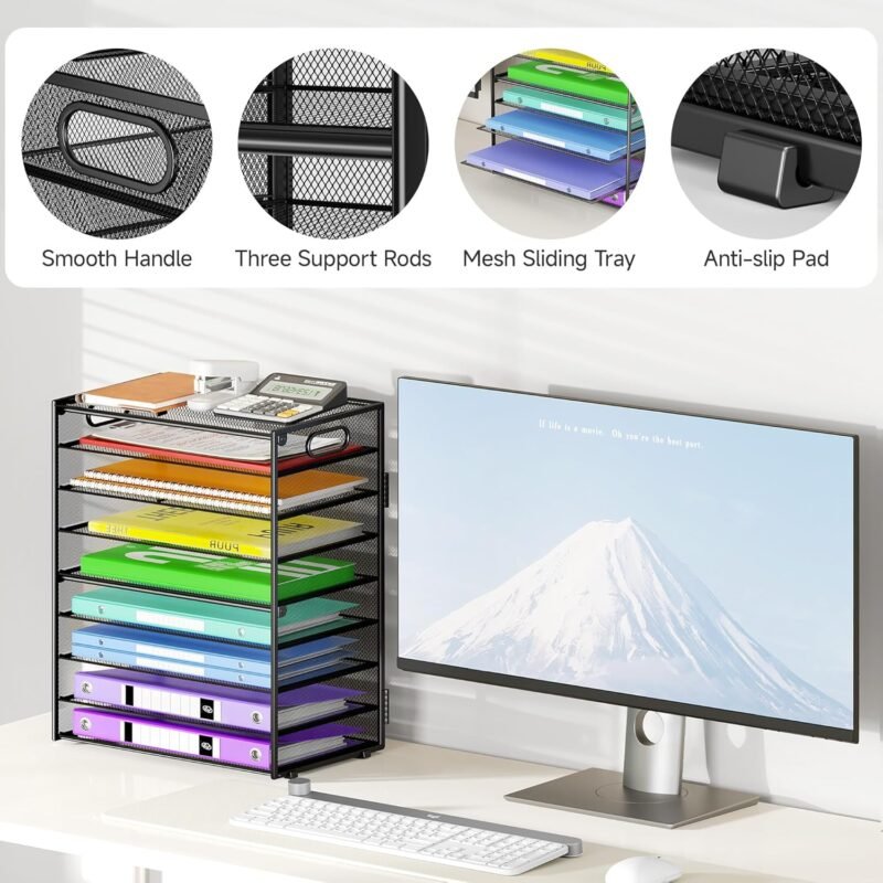 9 Tier Paper Organizer with Handle, Large Capacity Desk Organizer Mesh File Folder Letter Paper Tray Desktop Document Sorter for Classroom, School, and Office Accessories Organization- Black - Image 4