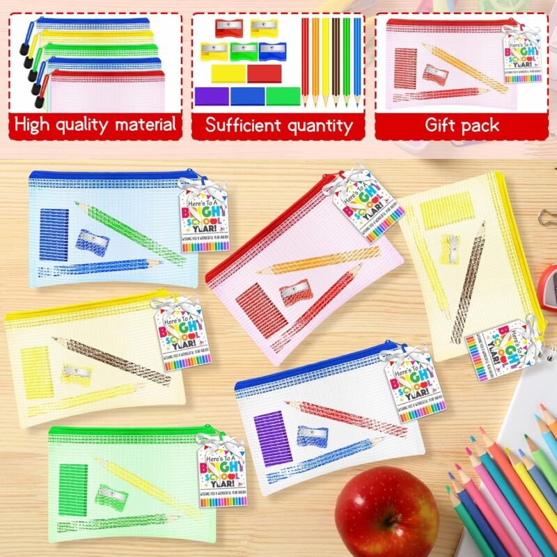 151 Pcs Back to School Gift Include 30 Colorful Pencils 30 Eraser 30 Mesh Zipper Pouch Bags and 30 Pencil Sharpener 30 Sheets Cards Set with Ribbon Stationery Favors for Classroom Exchange Gift - Image 3