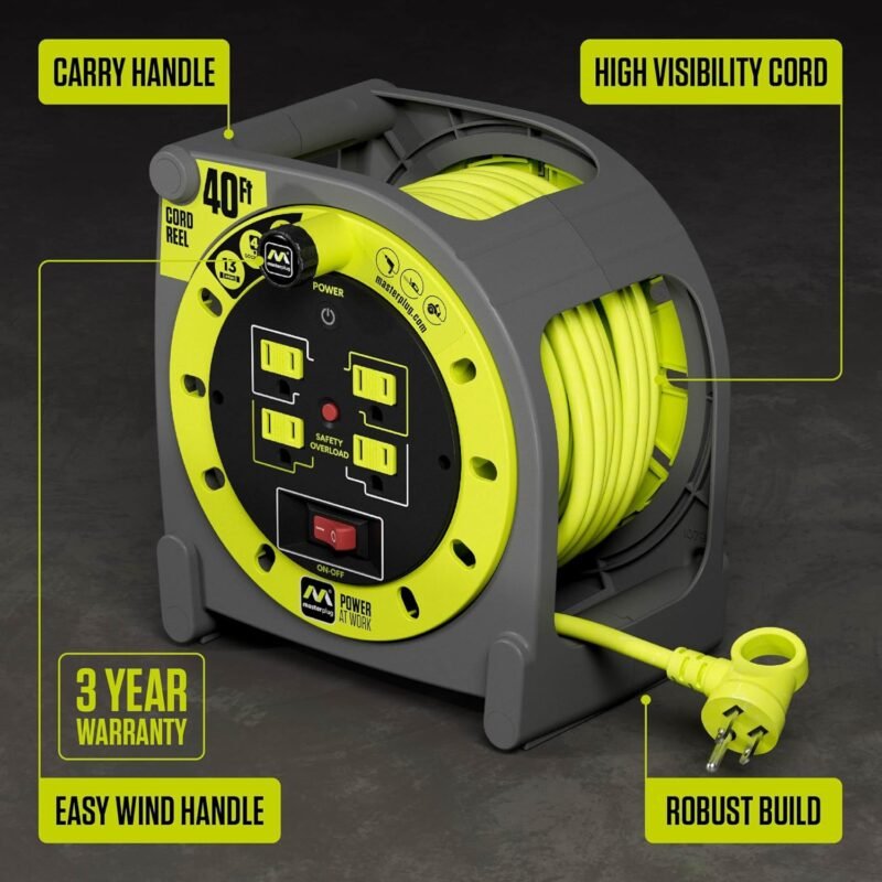 40ft Case Cord Reel, Retractable Extension Lead with Winding Handle, Safety Overload Circuit Breaker and Power Switch, 4X Grounded Outlets, 13amps, 14AWG Cable - Image 3