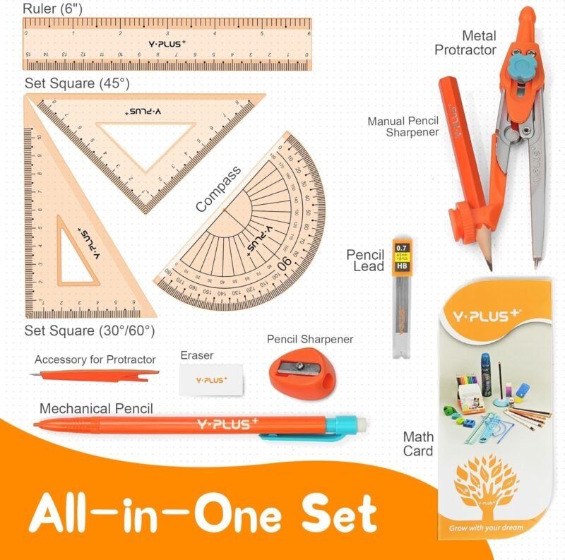 Geometry Set for Students, Math Protractor Compass with Rulers Mechanical Pencil, Box of Protactors Kit for Class Supplies and School Kids Toddler - 12 Pcs - Image 3
