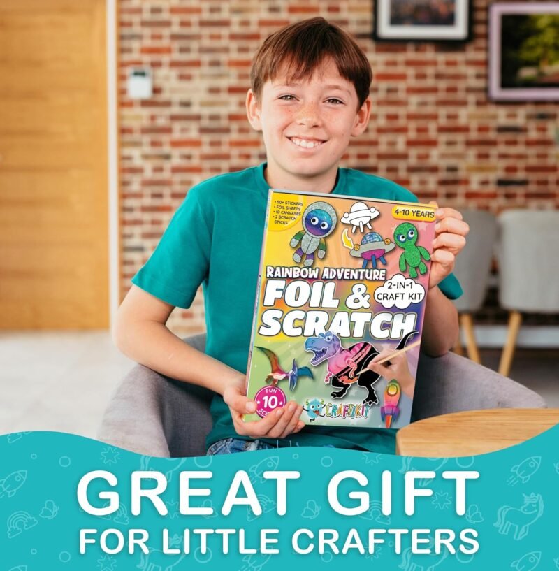 Craftikit ® Rainbow Adventure Foil Art & Scratch Art for Kids- 2-in-1 Arts and Crafts Kit for Kids Ages 4-10 - Rainbow Crafts for Boys Ages 4, 5, 6, 7, 8, 9, 10 - Image 8