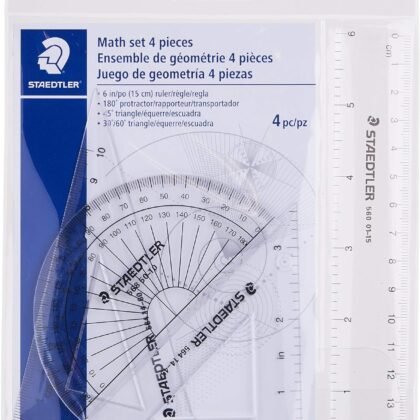 STAEDTLER Math Set - 4 pc Geometry Kit for Students - School Supplies with Clear Protractor, 6in Ruler & 2 Triangles – Metric & Imperial Scales