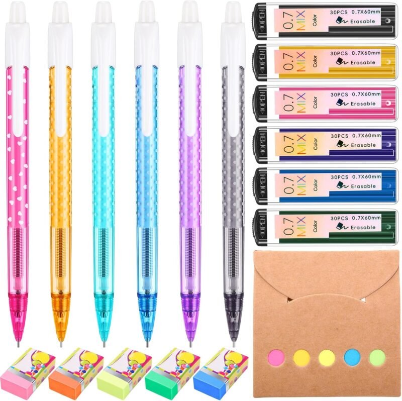 18 Pcs 0.7mm Color Mechanical Pencil Set Include Color Mechanical Pencil Refills Erasers Sticky Notes Stationary Supplies for Writing Drawing Sketching School Office(Light Colors)