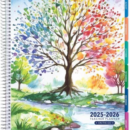 Aug 2025-Jul 2026 Lite Teacher Lesson Planner Notebook 8.5x11 Daily Weekly Monthly Organizers - Includes 7 Periods, Dated Calendar, Page Tabs, Bookmark, and Planning Stickers (Tree Seasons)