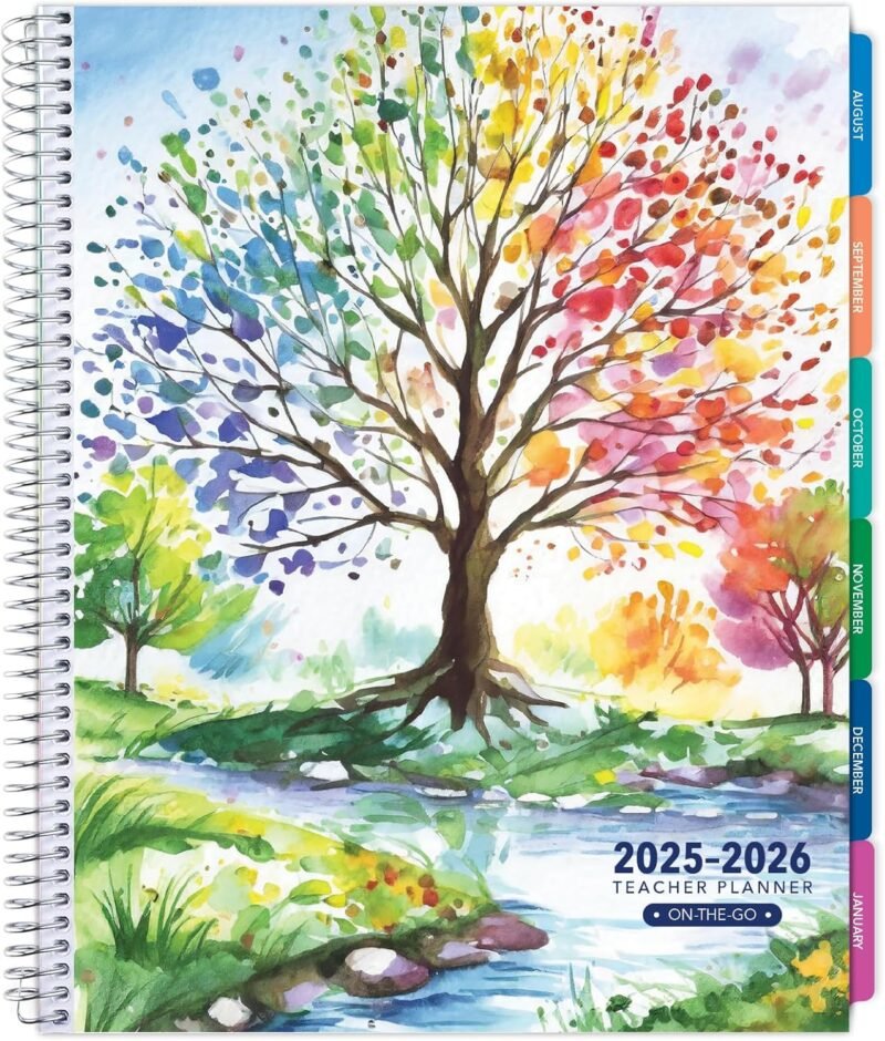 Aug 2025-Jul 2026 Lite Teacher Lesson Planner Notebook 8.5x11 Daily Weekly Monthly Organizers - Includes 7 Periods, Dated Calendar, Page Tabs, Bookmark, and Planning Stickers (Tree Seasons)