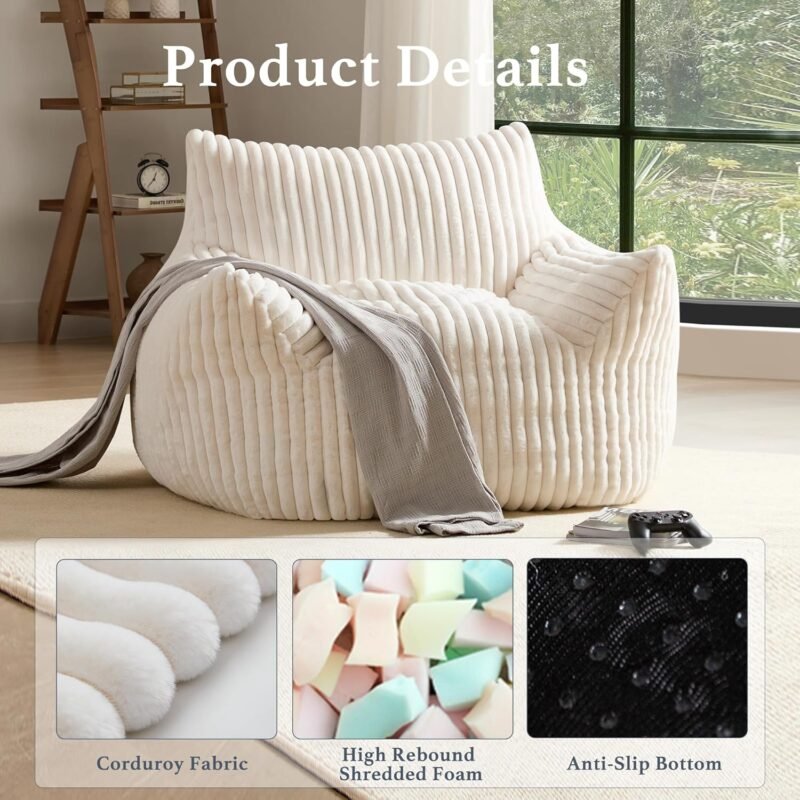 Giant Plush Bean Bag Chair for Adults with Armrests - Oversized Comfy Beige Beanbag Lounge Lazy Floor Sofa Accent Chair for Living Room, Bedroom & Dorm, Cozy Fluffy Single Cloud Mini Couch - Image 3