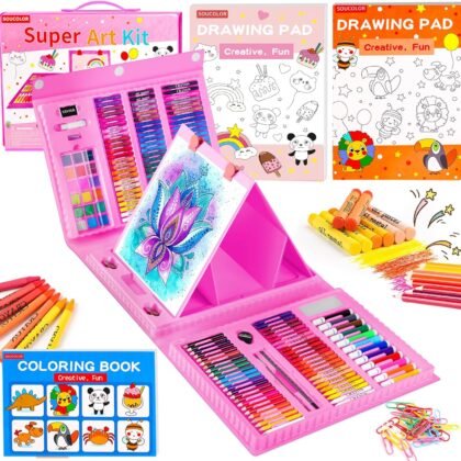 Soucolor Easter Gifts for Kids Teens Girls Boys Ages 4, 6, 8, 10, 12, 283 Pieces Drawing Set Art Kits with Trifold Easel, 2 Drawing Pads, 1 Kids Activity Coloring Book, Crayons, Pastels, Watercolor