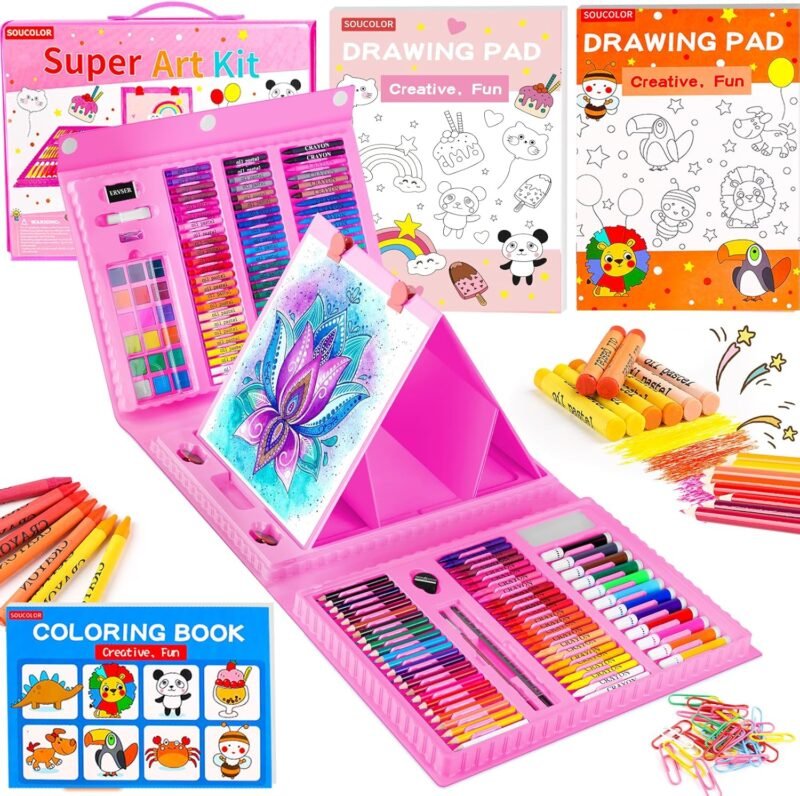 Soucolor Easter Gifts for Kids Teens Girls Boys Ages 4, 6, 8, 10, 12, 283 Pieces Drawing Set Art Kits with Trifold Easel, 2 Drawing Pads, 1 Kids Activity Coloring Book, Crayons, Pastels, Watercolor