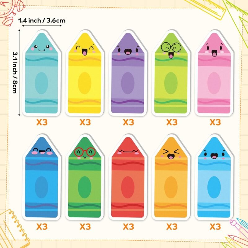 ANGOLIO 600Pcs Back to School Crayon Sticky Notes, Colorful Crayon Shape Stationery Set Self Sticky Memo Pads Page Marker for Birthday Party Favors Home Office School Supplies - Image 2