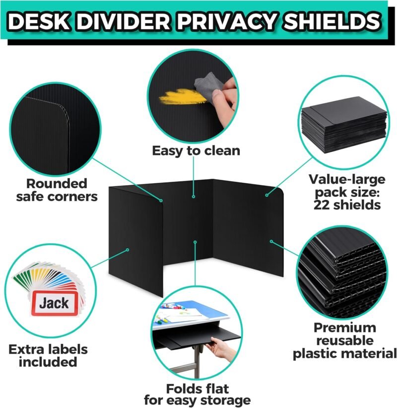 22-Pack Desk Dividers for Students - Durable & Waterproof Plastic Study Carrel Divider, Classroom Folders Teacher Supplies, Easy-to-Clean Plastic Privacy Shield Folder Boards for Student Desks, Black - Image 3