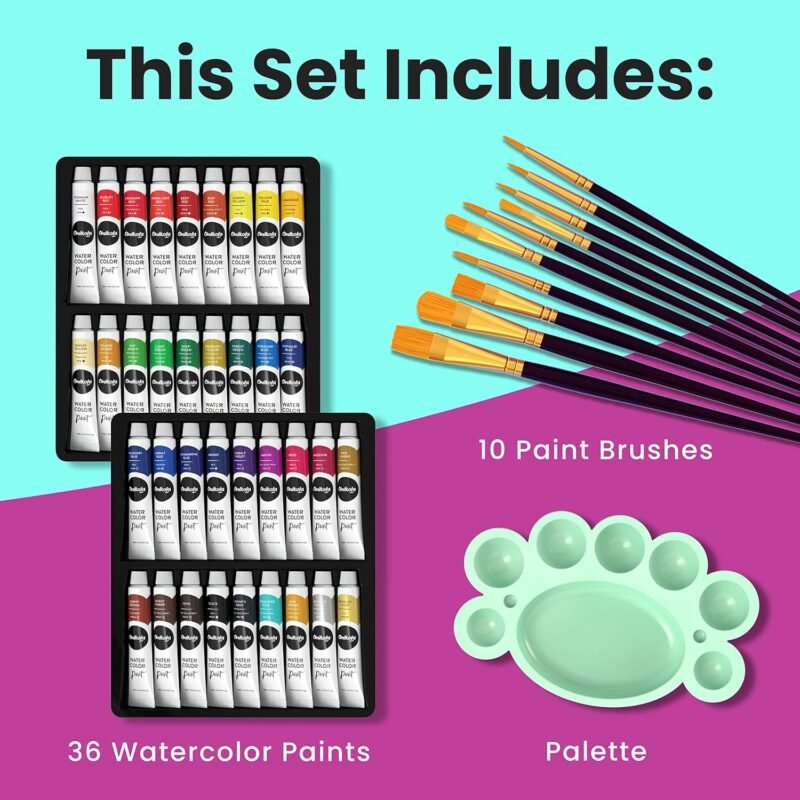 Chalkola Watercolor Paint Set for Adults, Kids, Beginner & Professional Artists - 36 Watercolor Tubes Set (12ml, 0.4oz), 10 Painting Brushes & 1 Palette | Vibrant Water Color Art Painting Supplies - Image 2