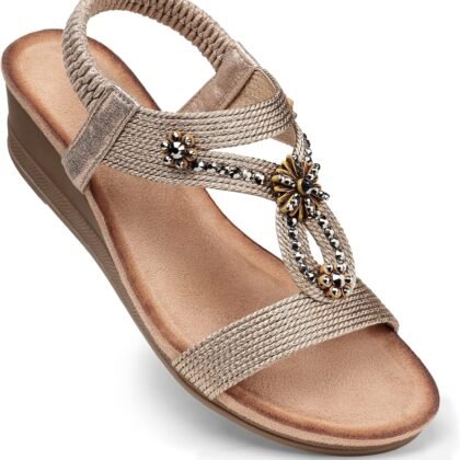 SHIBEVER Womens Wedge Sandals Flower Low Heel Dressy Sandals Elastic Ankle Strap Rhinestone Summer Comfortable Shoe