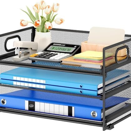 Subekyu 3 Tier Paper Letter Tray Organizer for Desk, Black Metal Mesh Desk File Folder Sorter Organizer with Handle and Sliding Tray for Home, Office, School Supplies Organization Storage