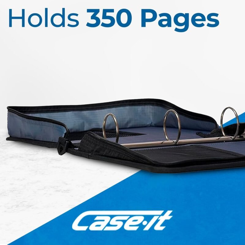 Case-it Classic Zipper Binder | 2-Inch O-Rings, 350 Sheet Capacity, Multiple Storage Pockets & Shoulder Strap | School & Office Organizer | D-251 Jet Black. - Image 3