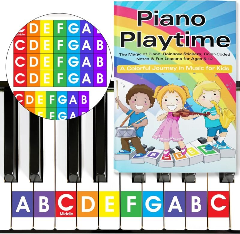 QMG Rainbow Color Piano and Keyboard Sticker and Kids Piano Learning Book Easy to Follow Instructions for Kids, Beginner Piano Book for Children, Easy Piano Sheet Music for Kids
