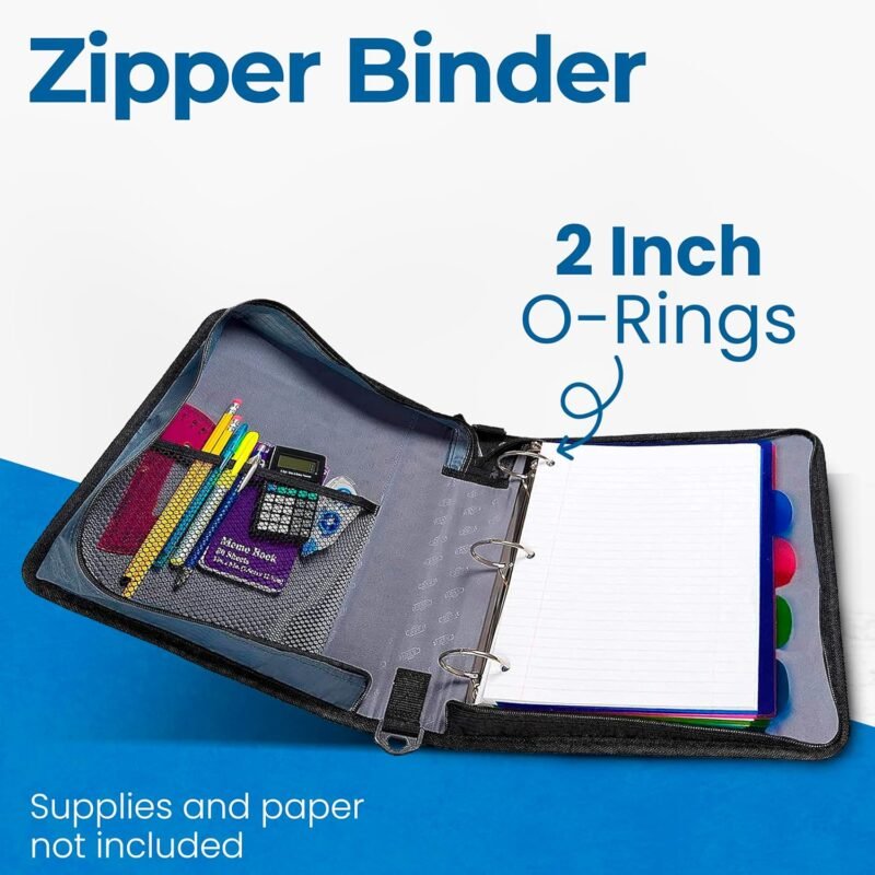Case-it Classic Zipper Binder | 2-Inch O-Rings, 350 Sheet Capacity, Multiple Storage Pockets & Shoulder Strap | School & Office Organizer | D-251 Jet Black. - Image 2