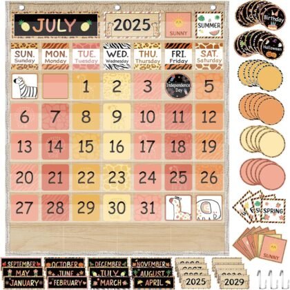 Classroom Calendar Pocket Chart Set Calendar Bulletin Board Set Seasons Festival Weather Pocket Chart for Classroom Decoration Back to School Supplies(Boho Safari)